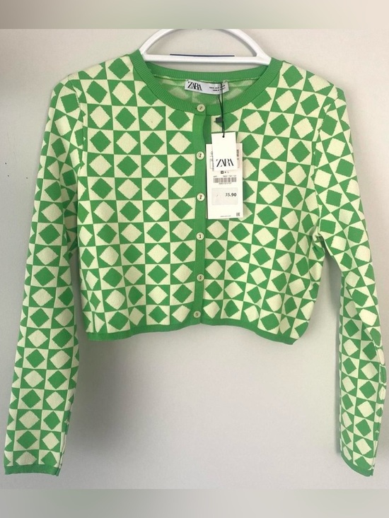 Zara Sweaters - Zara Green and White Geometric Knit Cardigan